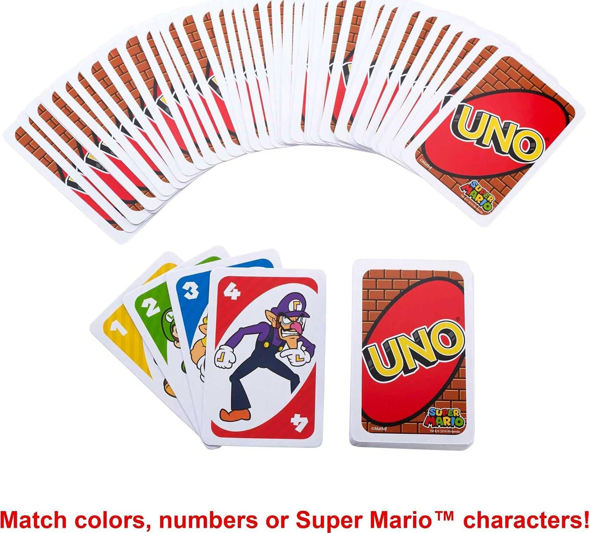 Mattel Games UNO Super Mario Card Game Animated Character Themed Collector Deck 112 Cards with Character Images, for Kids Ages 7 Years Old & Up,multicolor
