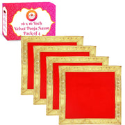 Bhakti Lehar Red Velvet Pooja Cloth | Aasan for God Idol Sitting, Mandir Shelf, Puja Chowki Table and Home Temple Decoration - Pack of 4 (16 x 16 Inch)