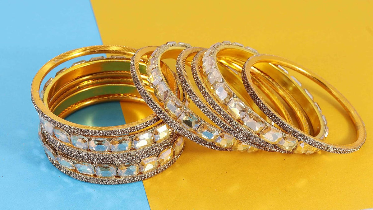 NMII Stylish Metal with AD Diamond Bangles Kada Set For Women & Girls | Premium Gold Plated Bangles | Kada Set For Women | Metal Bangles | Fashionable Bangles For Wedding, Party, Daily- Set of 12