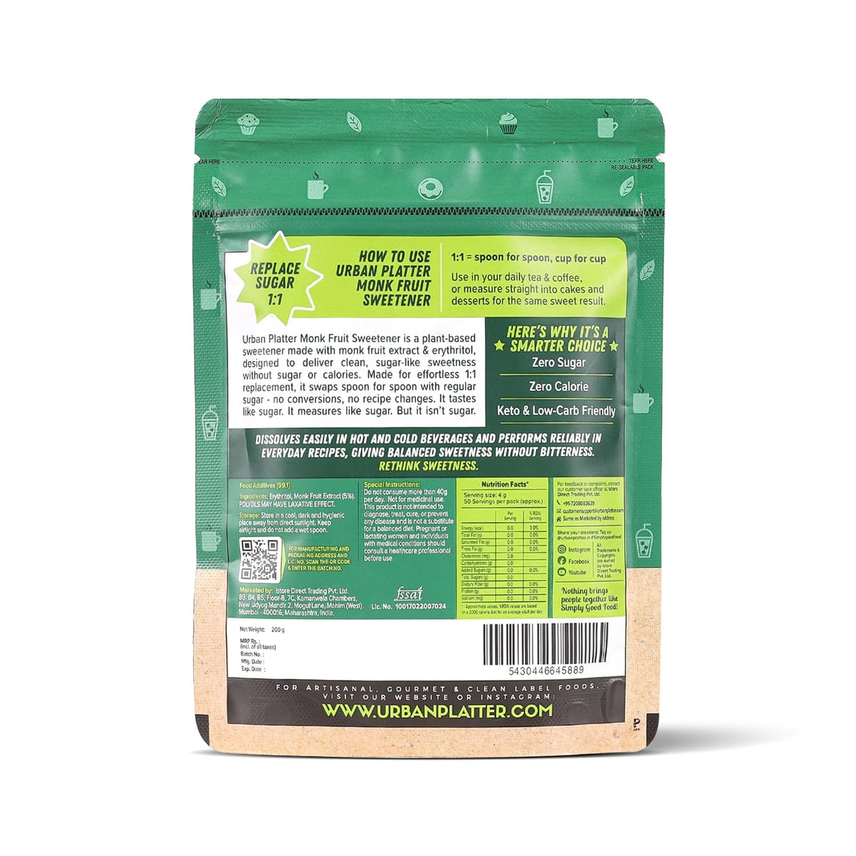 Urban Platter Monk Fruit Sweetener, 200g (Zero Calorie, Keto & Diabetic-Friendly, 1:1 Sugar Replacement, No Aftertaste, Monk Fruit + Erythritol Blend)
