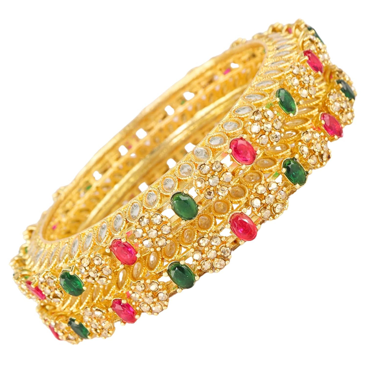NMII Traditional Gold Plated Metal with Red Zircon GemStone Bangles Set For Girls & Women | Premium Rajwadi Kangan Set | Girl's Bangles Bracelet | Stylish Kada For Women