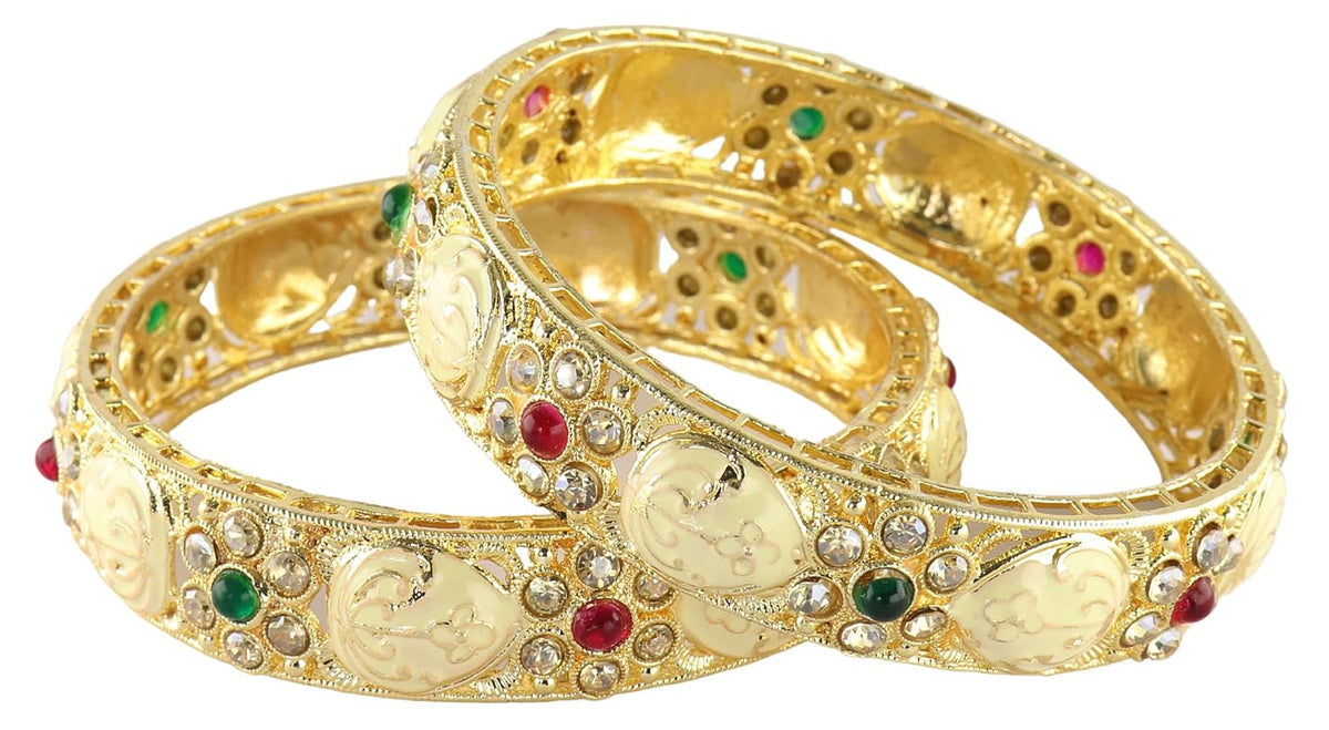 NMII Traditional Gold Plated Metal Bangles Kada Set For Women & Girls With Zircon Diamond Stone | Women's Bangles | Premium Kada Set For Wedding, Party, Occasions Fashion Jewelry - Set Of 2