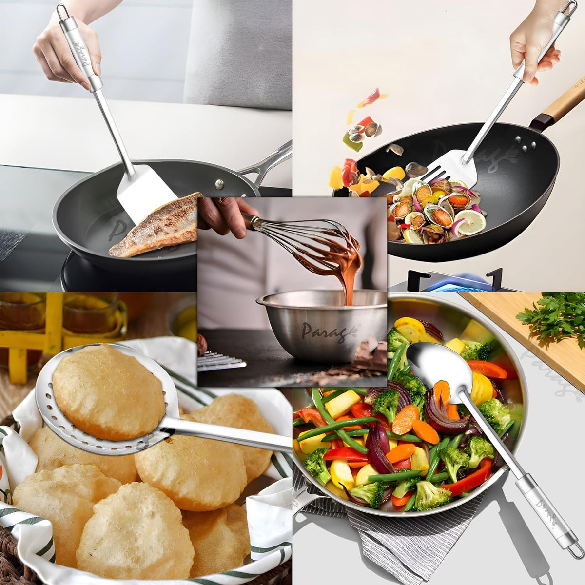 Parage 6 Pieces Stainless Steel Kitchen Tools for Cooking & Serving, Basting Spoon (Chamcha), Ladle(Karchhi), Slotted Turner, Skimmer(Jhara), Turner/Spatula (Palta), Blending Egg Whisk, Silver
