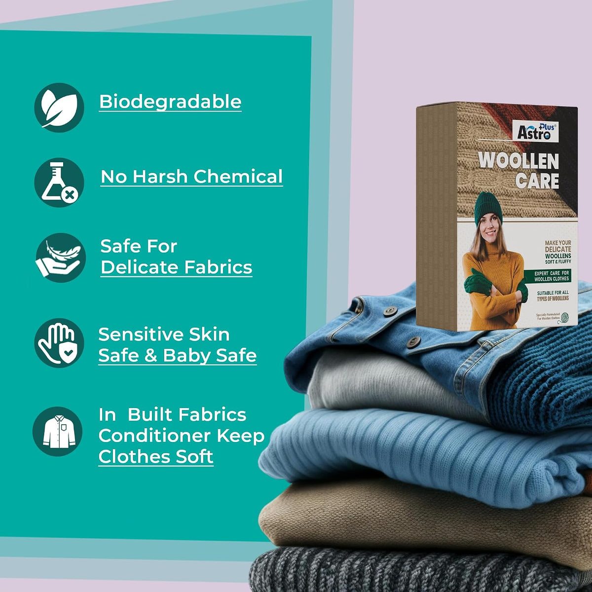 Astro Plus Woolen Care Liquid – Gentle, Eco-Friendly Wool Washing Liquid for Soft, Fresh, and Long-Lasting Wool Garments (5 Pouch x 40 ml each)