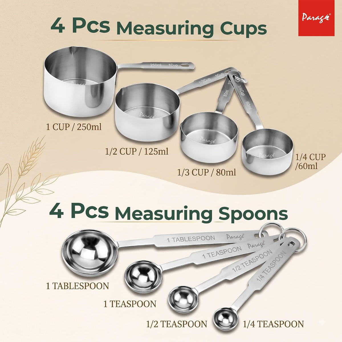 Parage Stainless Steel Measuring Cups & Spoon Combo for Dry or Liquid/Kitchen Gadgets/Cooking & Baking/Stackable Professional Measuring Cup Set with Measurement Handles (Set of 4 Cups & 4 Spoons)