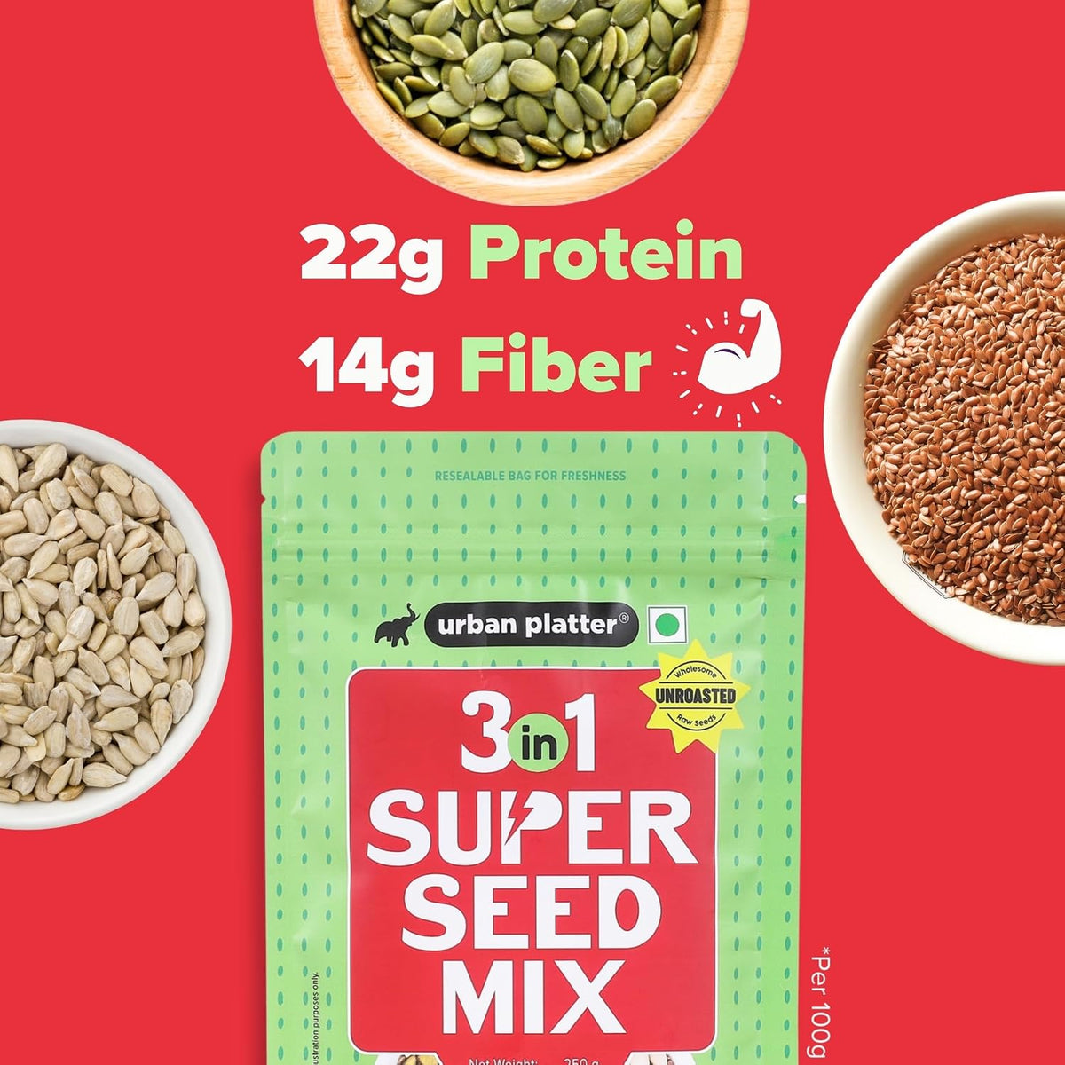 Urban Platter Unroasted 3-in-1 Super Seed Mix, 250g (High Protein & Fiber | Pumpkin, Sunflower & Flax Seed Blend | Raw & Ready-to-Eat Superfood Snack)