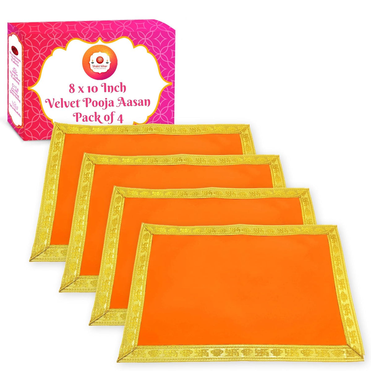 Bhakti Lehar Orange Velvet Pooja Cloth | Aasan for God Idol Sitting, Mandir Shelf, Puja Chowki Table and Home Temple Decoration - Pack of 4 (8 x 10 Inch)