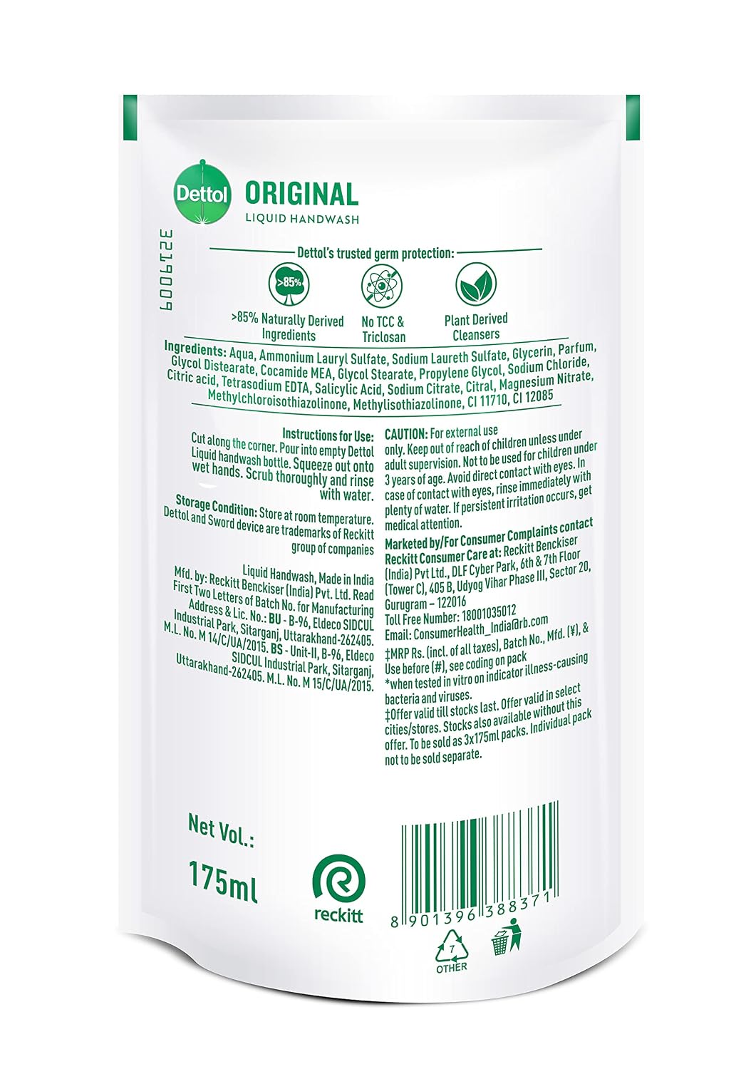 Dettol Original Handwash Liquid Soap Refill, 175ml (Pack of 3) | Germ Defence Formula | 10x Better Germ Protection