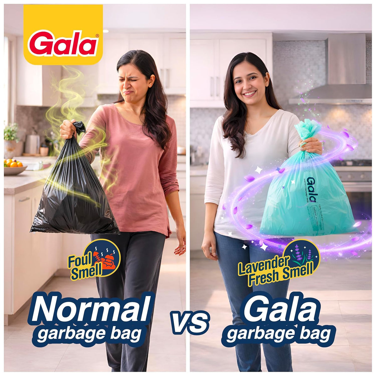 Gala Scented Compostable Garbage Bags, Medium Size, 15 Bags, Heavy Duty Dustbin Trash Bags, Lavender Fragrance, For Dry & Wet Waste, Kitchen, Home & Office Use