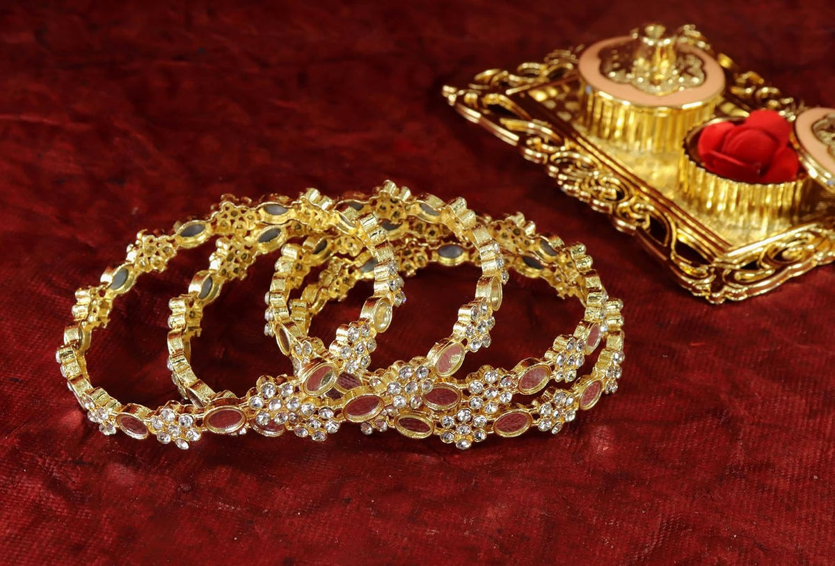 NMII Golden Metal with Zircon Diamond & Mirror Work Bangles Set For Women & Girls | Stylish Girl's Bangles Bracelet | Diamond Stone Bangles | Ethnic Jewellery Set Wedding, Party- Set of 4