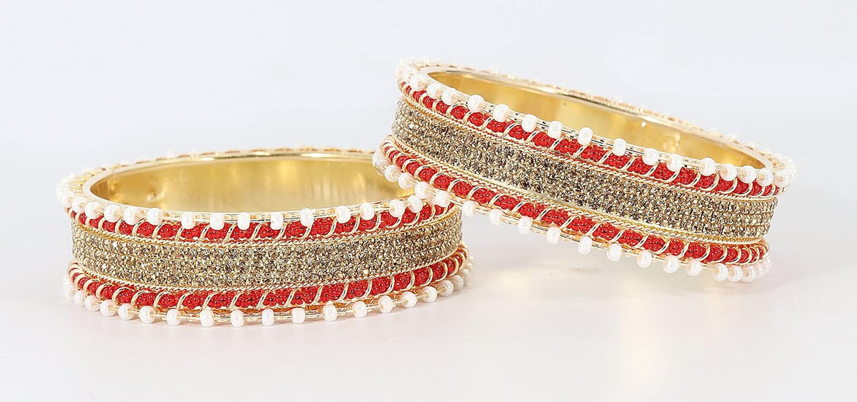 NMII Non-Precious Metal Base Metal Studded with Zircon Gemstone and linked with Pearl Chain Glossy Finished Kada/Bangle set for Women and Girls