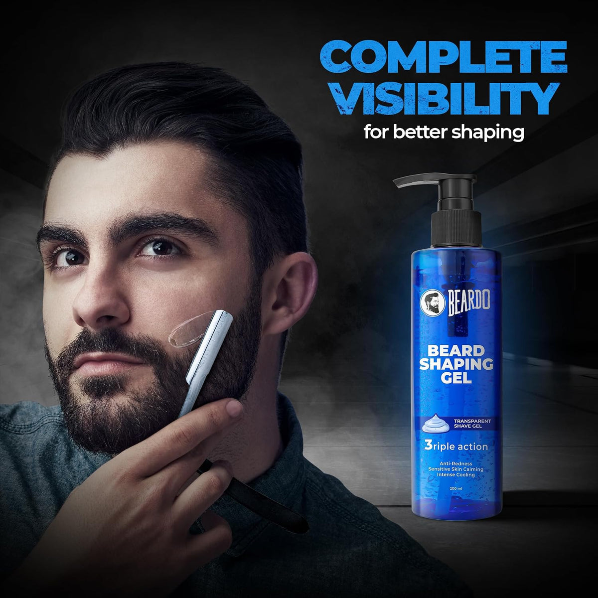 Beardo Beard Shaping Gel, 200ml | 3riple Action Transparent Shaving Gel for Men | Shaving gel with Anti-Redness, Calming, Intense Cooling | Suitable for Sensitive Skin