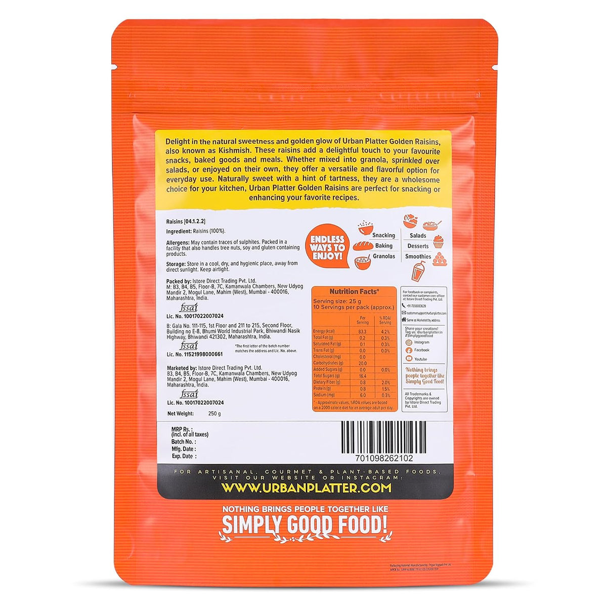 Urban Platter Indian Golden Raisins, 250g (Sweet & Chewy | Sun-Dried & Naturally Golden | Perfect for Desserts & Festive Cooking)