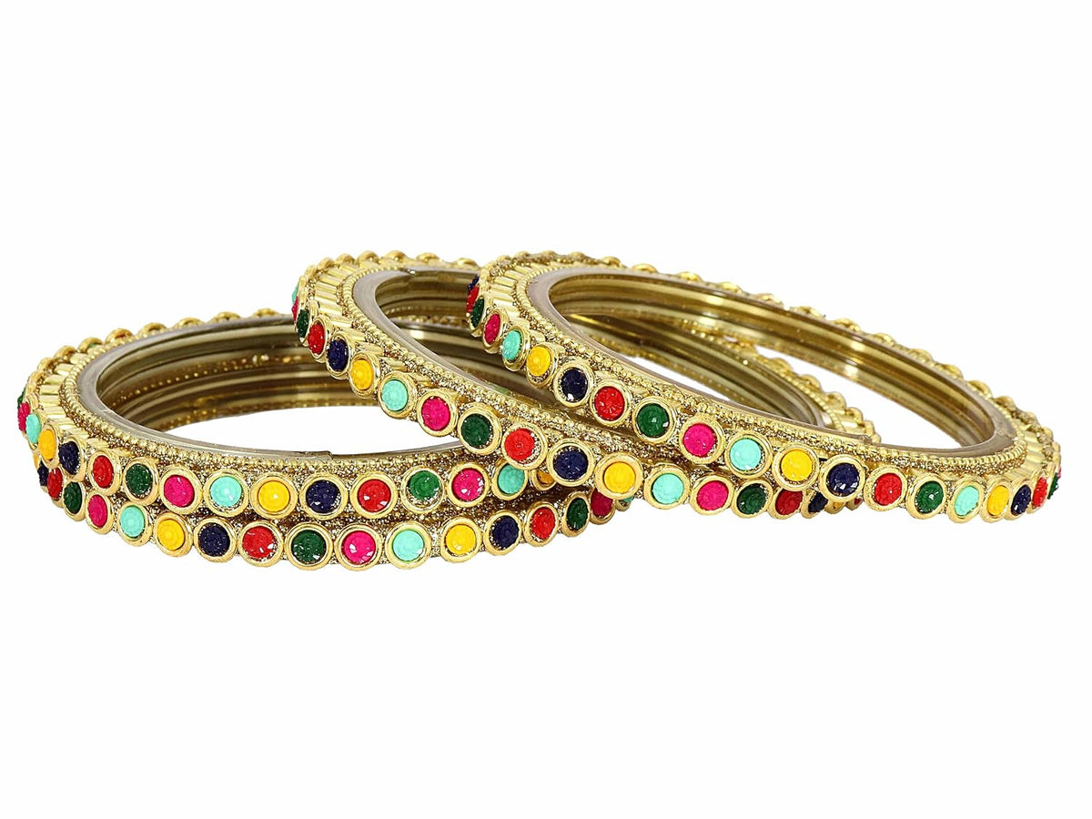 NMII Glass Golden Zircon Gemstone & Colorful Beads Studded Bangles Kada Set For Women & Girls | Traditional Stylish Kangan | Bangles For Women Glass | Wedding, Party, Occasion Wear Bangle- Set of 4
