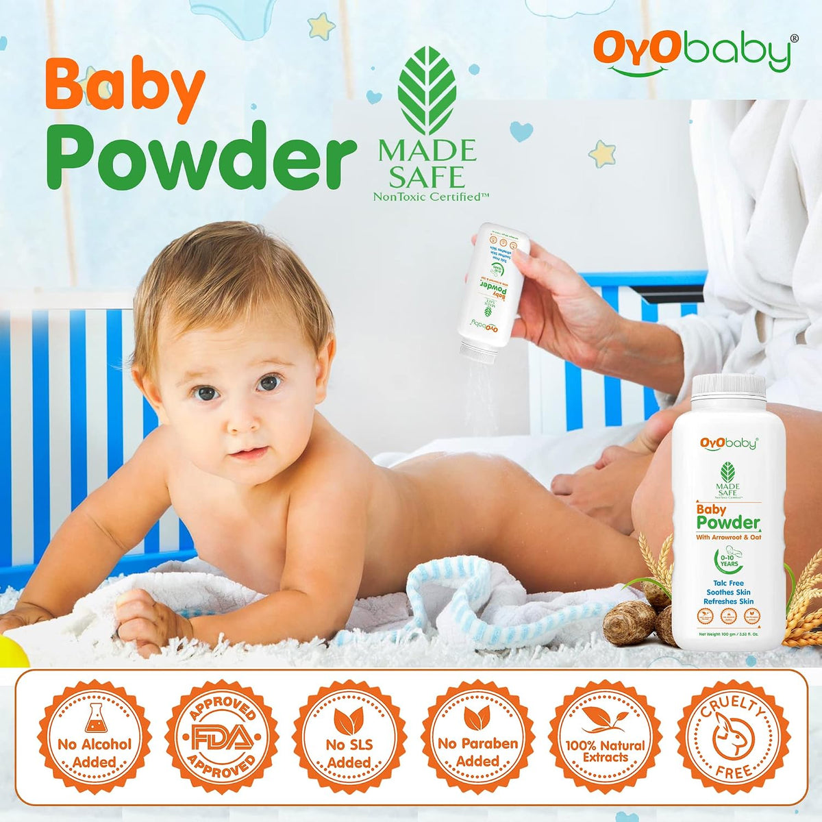 OYO BABY Gentle Baby Powder (Talc Free) For New Born Baby, Refreshes Baby’s Skin - Pack of 2 – 100gm