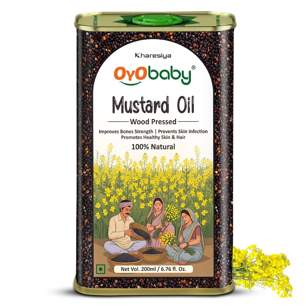 OYO BABY 100% Pure Cold-Pressed Mustard Oil for Baby - 200ml | Edible Food-Grade Sarson Oil | Enriched with Vitamins & Antioxidants | Baby Massage Oil | Baby Oil For Body Massage