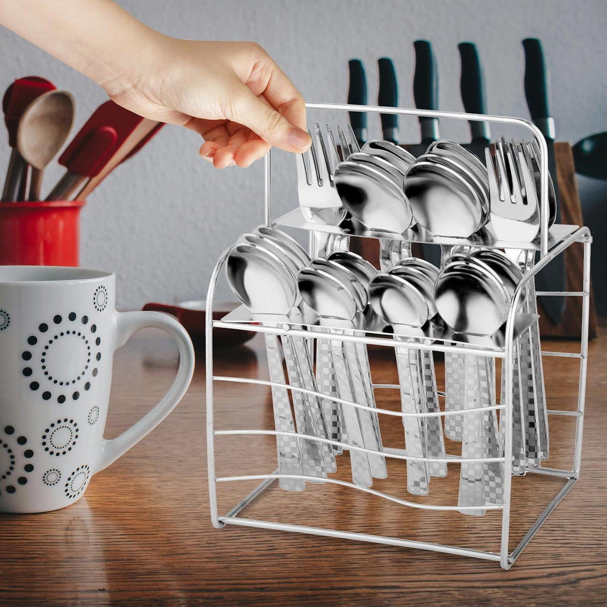 Parage 25 Pieces Decora Premium Stainless Steel Cutlery Set For Home & Kitchen (Contains: 6 Table Spoons, 6 Forks, 6 Master Spoons, 6 Soup Spoons, 1 SS Stand) Spoon Set, Dining Tableware Fancy- Silver