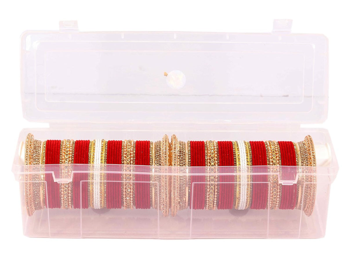 NMII Non-Precious Metal with Base Metal and Zircon Gemstone with Pearls Studded Glossy Finished Kaleere Type Latkan Velvet Bangle Chuda set for Women and Girls (WITH_1 ROD BANGLE BOX)