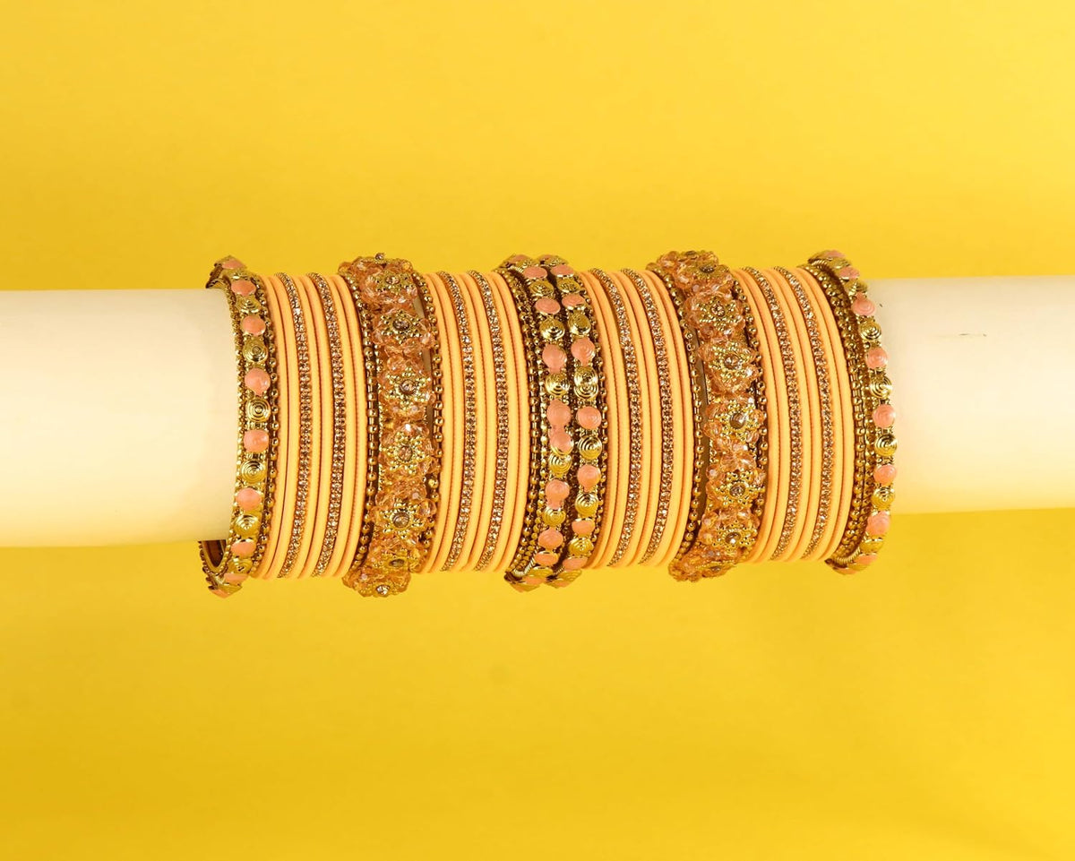 NMII 46 Pcs Premium Velvet Bridal Chuda Set Work With Zircon Stone & Floral Design | Gold Plated Link Chain Chudi | Stone Studded Bangles | Beads Bridal Chuda | Designer Chura For Wedding & Festive
