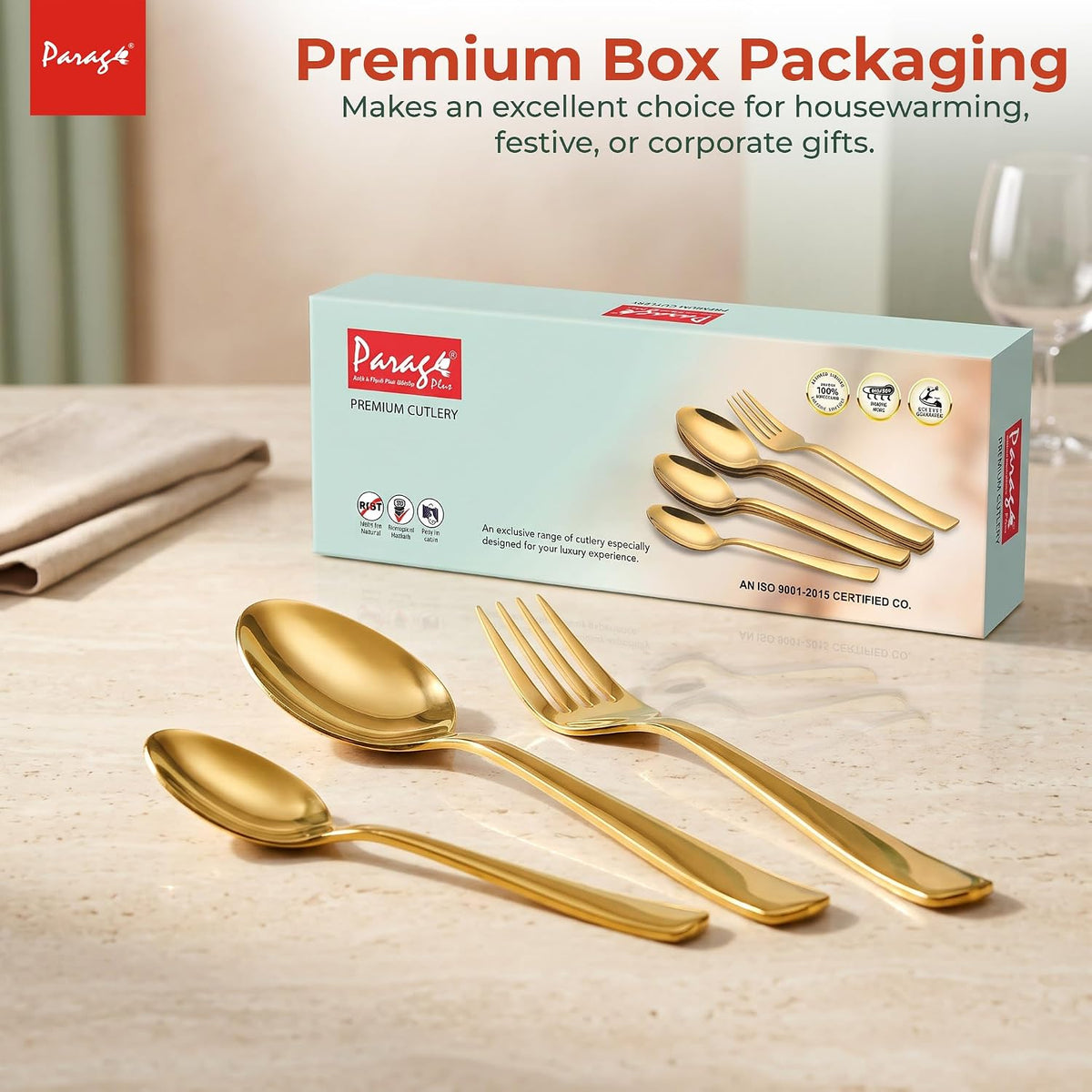 Parage 18 Pieces Stainless Steel Golden Spoon & Fork Set, Premium Cutlery Set for Home & Kitchen, Luxury PVD Gold Flatware for Elegant Dining (6 Pieces Each Table Spoons, Forks & Tea Spoons)