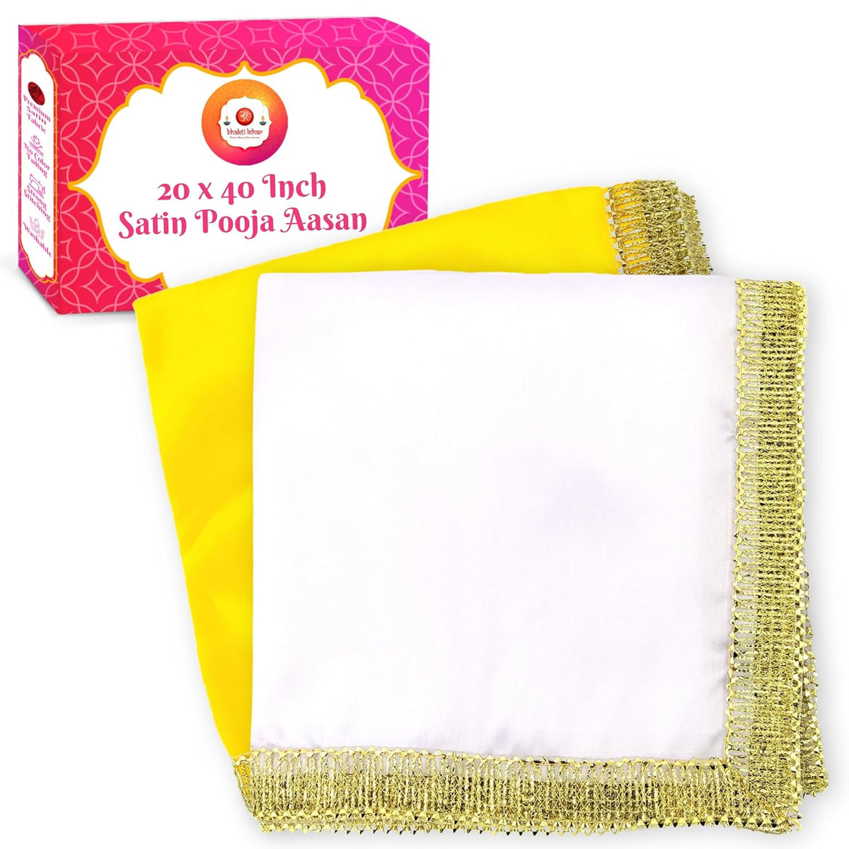 Bhakti Lehar Satin Pooja Aasan Cloth Mat for God Idol Sitting, Bhagwan Chowki, Ganesh Baithak, Temple Shelf, Home Mandir Decoration and Idol Backdrop (Yellow + White, 20 x 40 Inch)