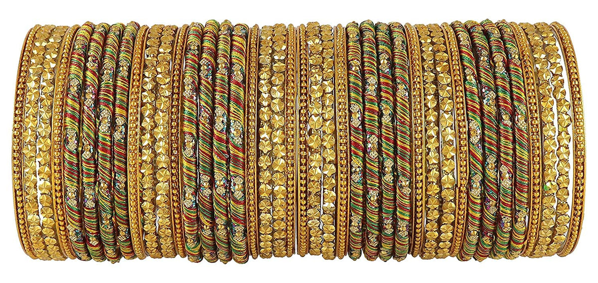 NMII Glass with Beads studded silk thread and Ball Chain Linked Bangle set for Women/Girls, (Multi_2.8 Inches), Pack Of 40 Bangles