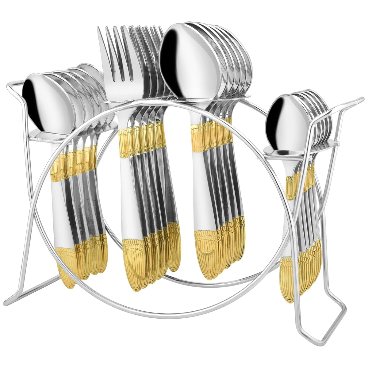 Parage 25 Pieces Ivory Gold Stainless Steel Cutlery Set with Stand (Contains: 6 Table Fork, 6 Table Spoon, 6 Dinner Spoon, 6 Tea Spoon, 1 Cutlery Stand) 24 Karat 24k Golden Plated Spoon Set (Ivory)