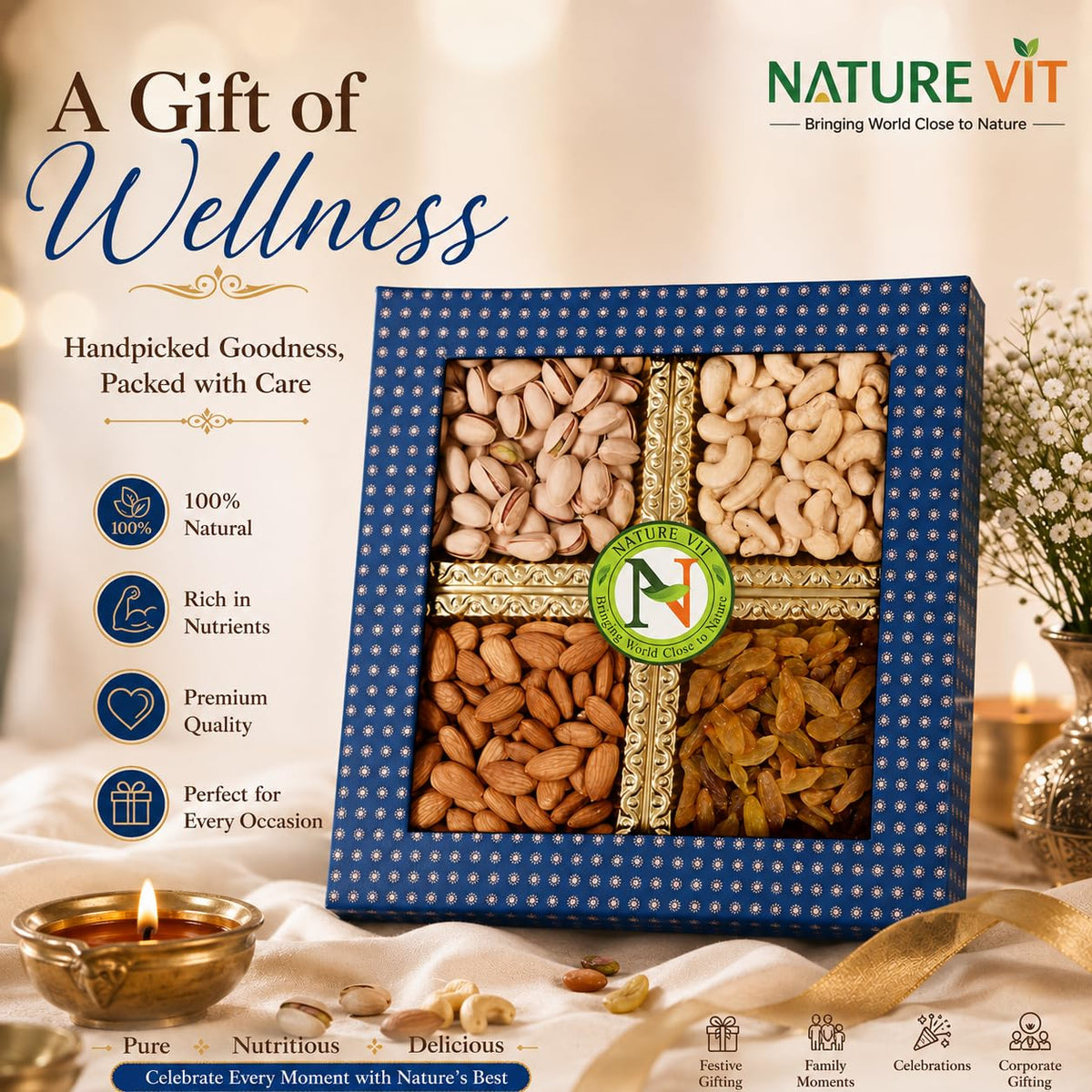NatureVit Dry Fruits Combo Gift Pack, 400g (Cashew, Almond, Pistachios and Raisins) - Healthy Gift Hamper for Every Occasion | Rakhi Gift Pack for Family, Friends | Corporate Office Gifts Combo | Rakshabandhan Celebration Pack