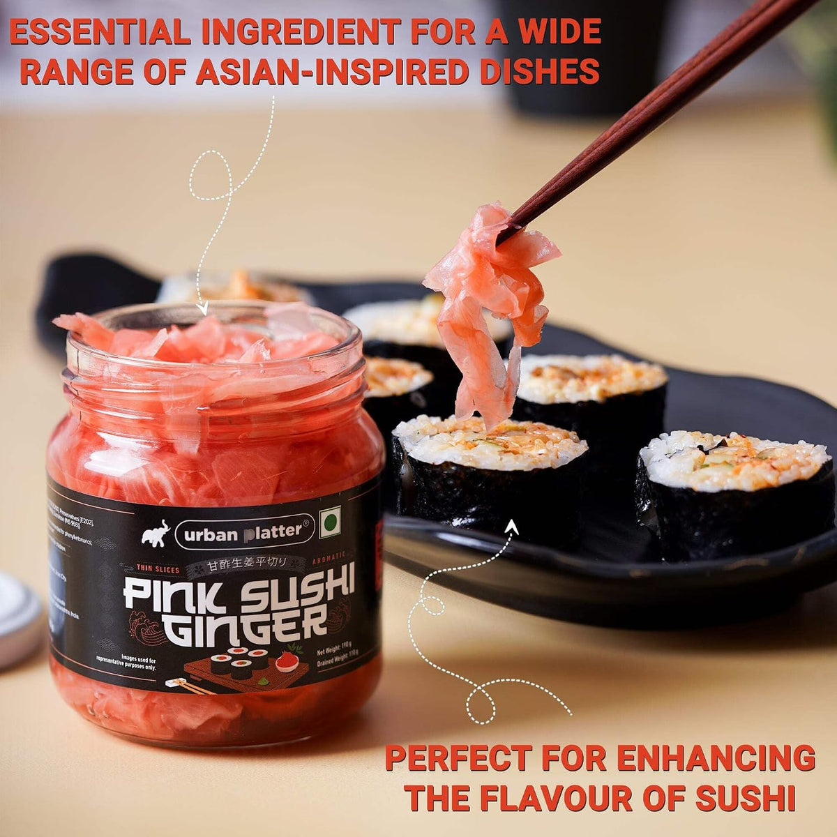 Urban Platter Pink Sushi Ginger, 190g, Drained Weight 110g [Gari, Japanese Style Pickled Ginger, Sushi Ingredient, Thinly Sliced, Perfectly Aromatic]