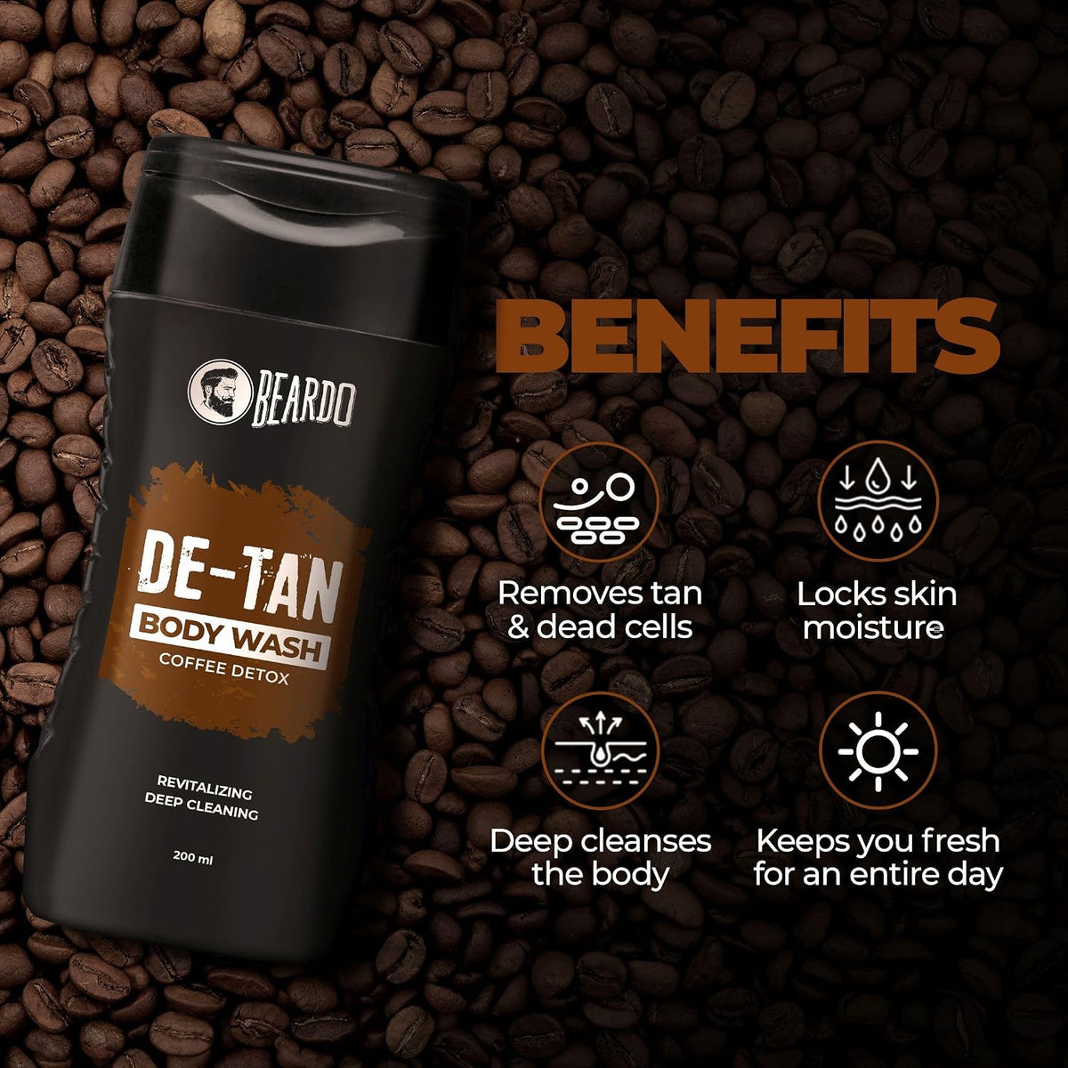 Beardo De-Tan Body Wash for Men, 200ml (Pack of 2) | Tan Removal| Caffeine Body Wash | With Coffee & Aloe Extracts | For Body & Face | Refreshing Fragrance