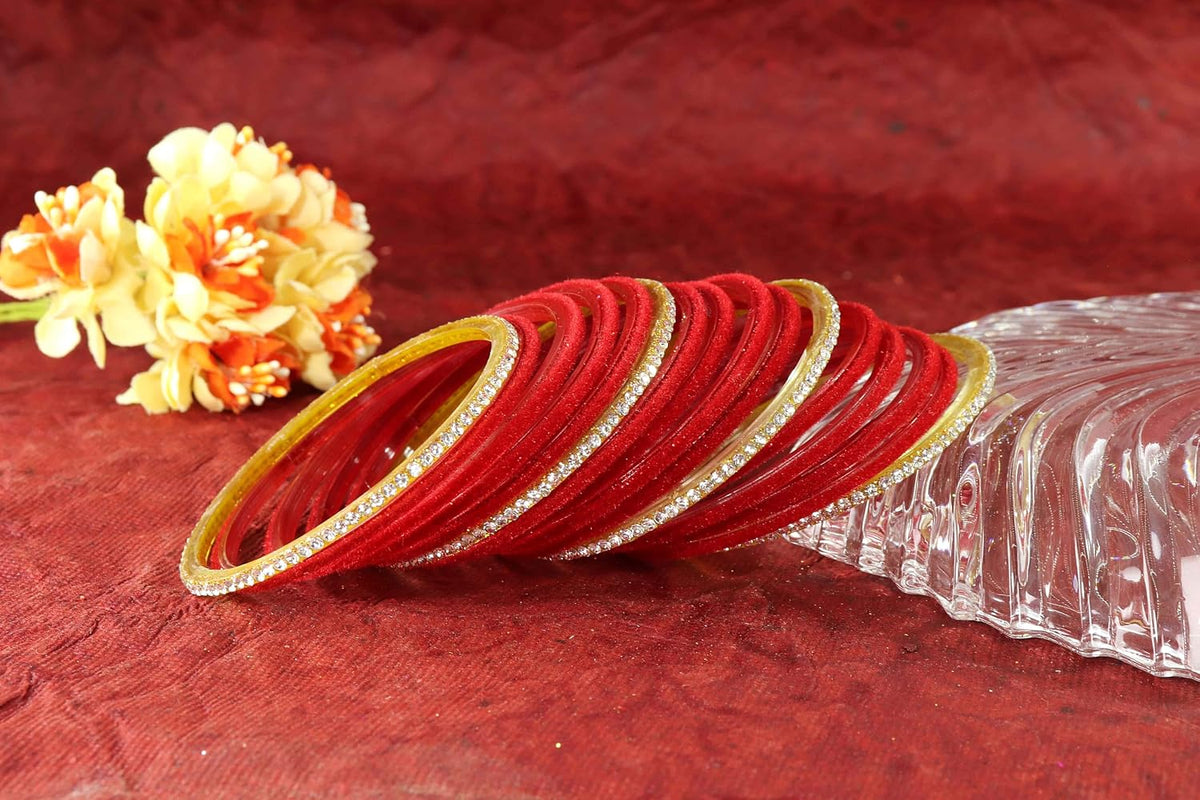 NMII Fancy Glass Golden Zircon Diamond Stone & Velvet Finish Plain Bangles Set For Women & Girls | Glass Velvet Bangles | Kanch ki Chudiyan | Girl's Bangles Bracelet | Fashion Jewellery- Set of 32