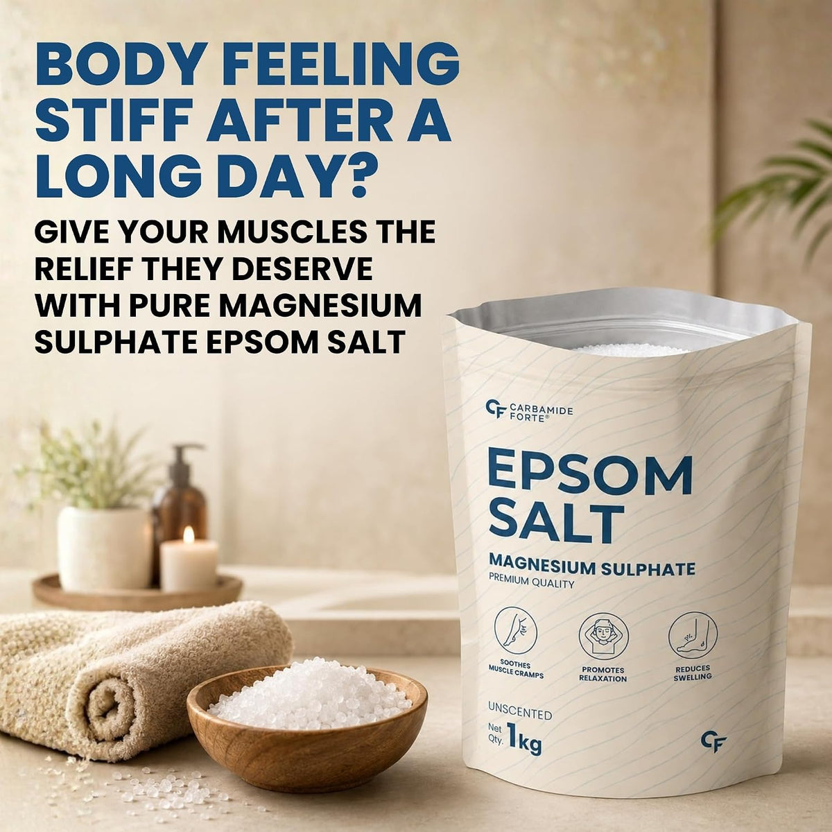 Carbamide Forte Epsom Salt for Foot & Bath 1kg | Magnesium Sulphate Crystals for Relaxing Bath, Foot Soak & Garden Use | Epsom salt for Pain Relief Foot & Muscle Relaxation