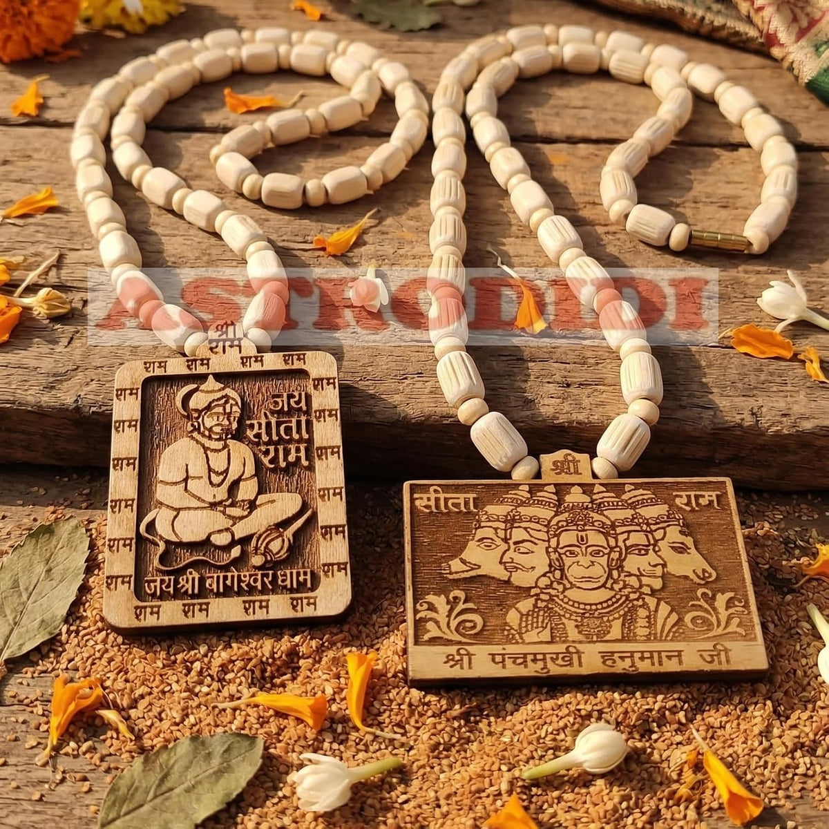 ASTRODIDI Jai Shri Bageshwar Dham and Panchmukhi Hanuman Ji Locket Tulsi Mala | Handmade Jai Sita Ram Original Tulasi Kanthi Mala for Man and Women (2 PCS COMBO)