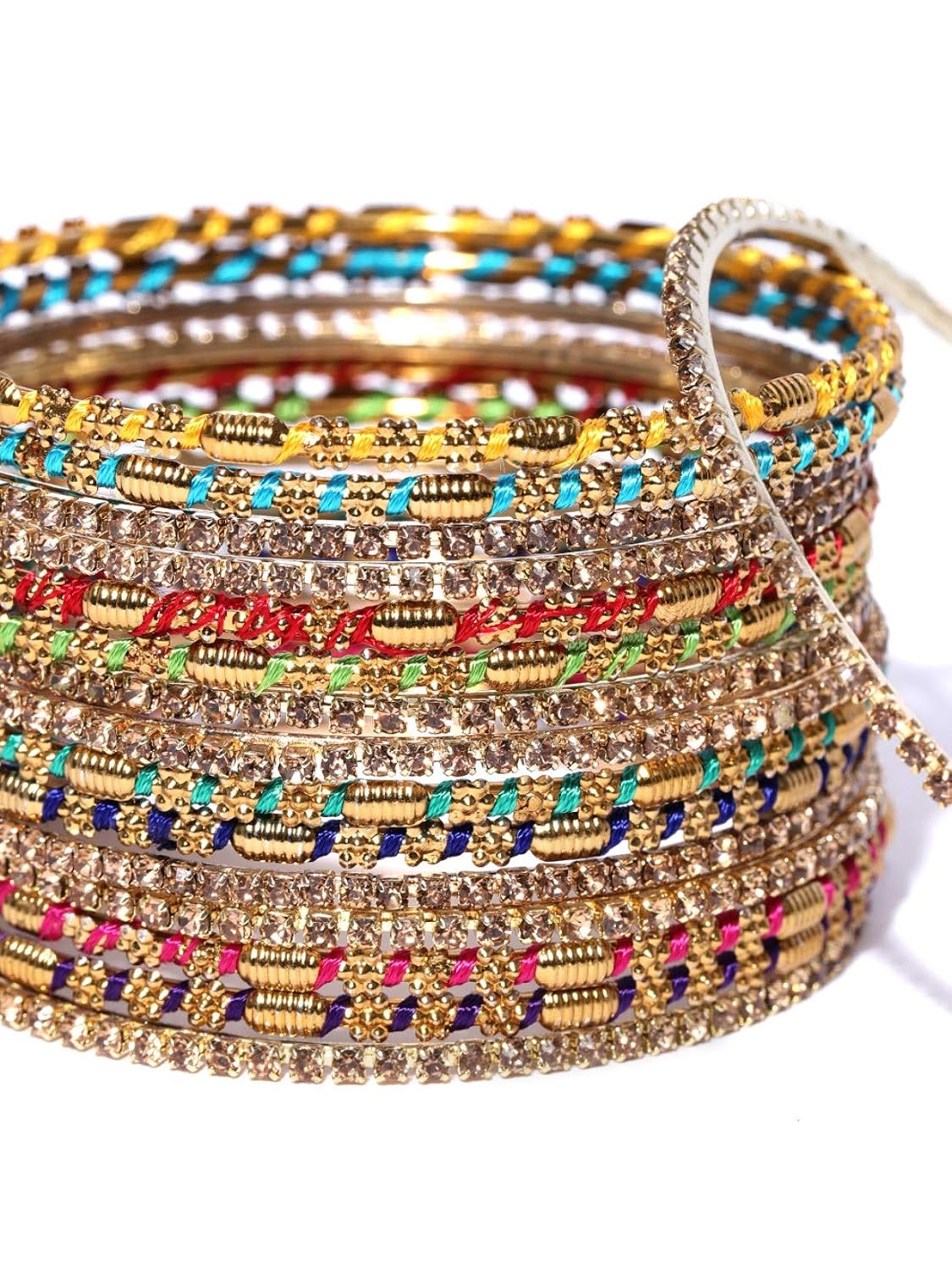 Priyaasi Multicolor Thread Bangles Set for Women | Traditional Design | Stone-Studded | Gold-Plated | Set of 16 | Brass Metal | Bridal Bangles Set for Weddings & Festivals