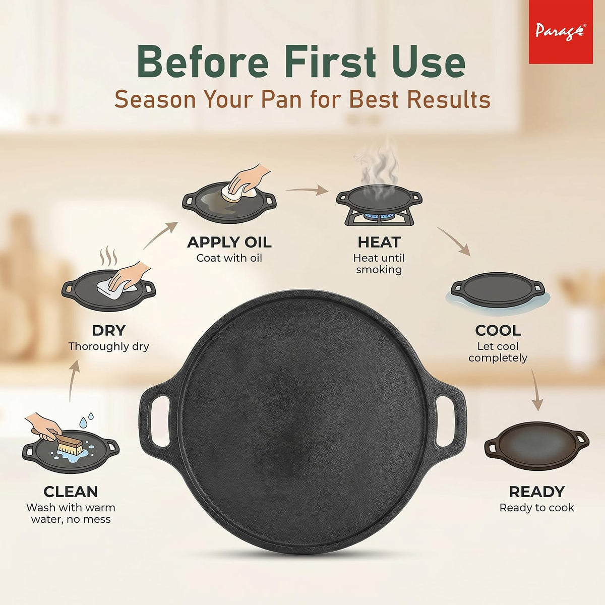 Parage IronCraft Cast Iron Dosa Tawa 30 cm, 4.2 mm Thick Heavy Iron Tawa 3 Kg, Pre-Seasoned Naturally Non Stick, Roti, Chapati, Uttapam Pan, Gas & Induction Compatible, Chemical Free
