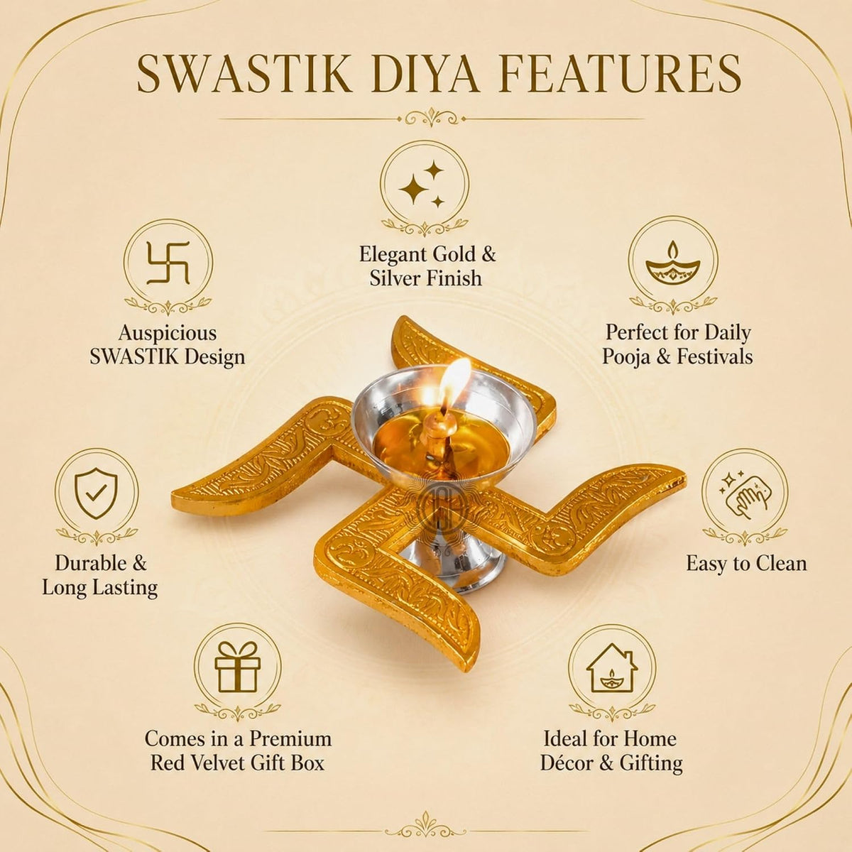 DSH Brass Diya Brass Swastik Diya Oil Diya with Velvet Box for Diwali,Temple,Office Puja and Return Gift.(DYA-SWASTIK)