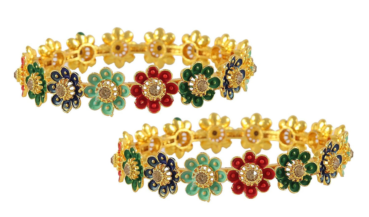 NMII Non-Precious Metal Base Metal with Zircon Gemstone Or Leaf Shaped Beads and Flower Shaped Glossy Finished Kada Set For Women and Girls