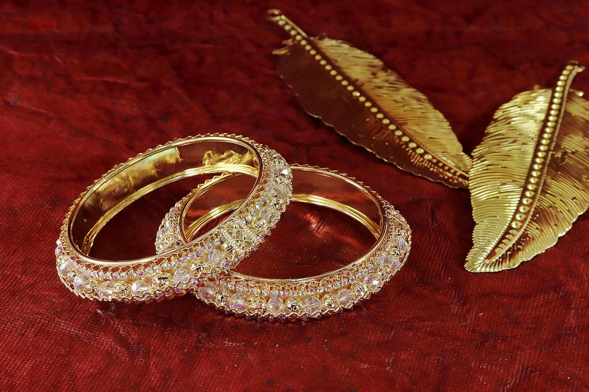 NMII Latest Alloy Metal with Zircon Stone & Pearls Bangles Set For Women & Girls | Premium Girl's Bangles Bracelet | Women's Kangan | Kada Bangles For Women Wedding, Party, Occasion- Set of 2