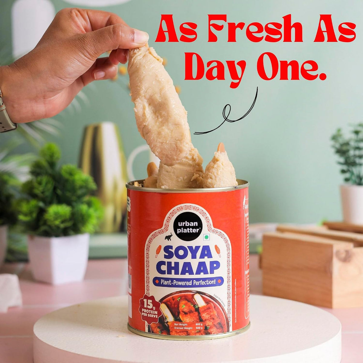 Urban Platter Soya Chaap in Brine, 800g (Canned | Chunks on Stick | Drained Weight - 500g, Rich in Plant Protein| Soy Chap)