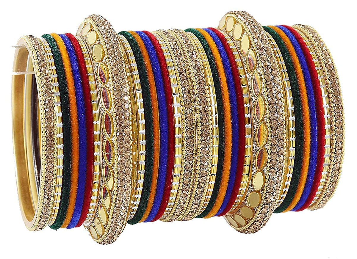NMII Gold Plated Metal Bangles Velvet Bridal Chuda Set For Women and Girls with Premium Golden Zircon Stones & Beads Worked | Traditional Chuda Set For Women | Women's Bangles Wedding- Set of 30