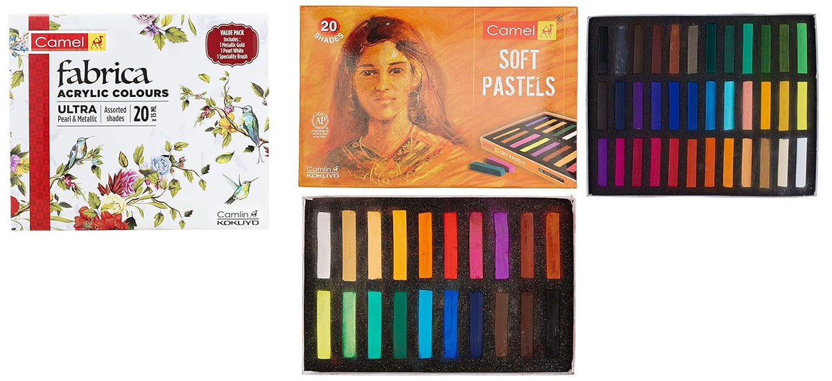 Camel Fabrica Acrylic Ultra Pearl and Metallic Colour Set - Pack of 20 Soft Pastels, 36 Shades 20-Shade Soft Pastel Set