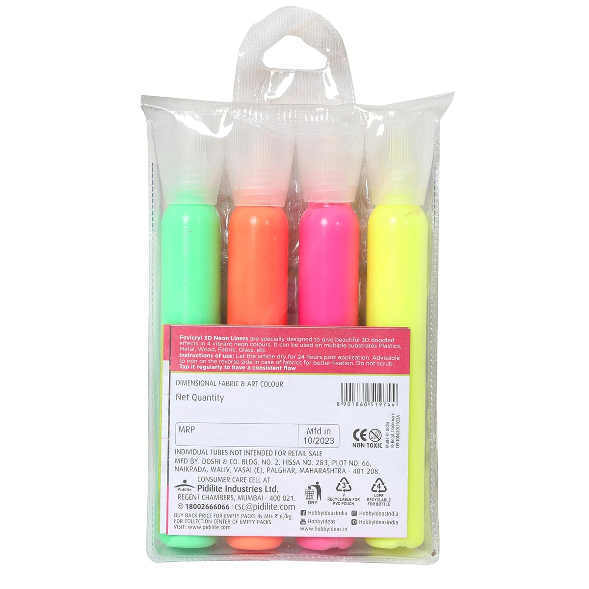 Fevicryl 3D Neon Liners 4 Colours Kit, 130gm Bottle