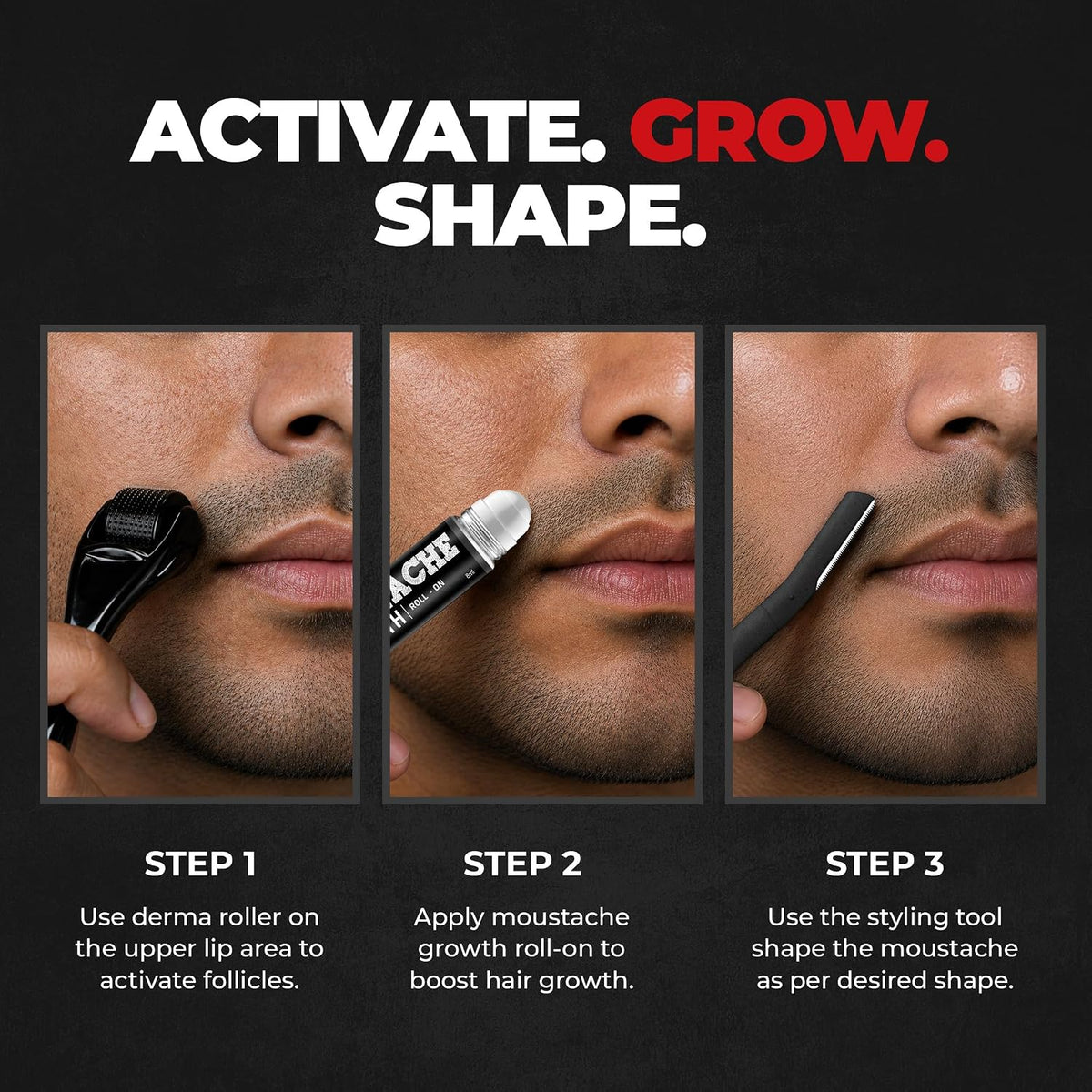 Beardo Moochwala Growth Combo for Men | Derma Roller + Moustache Growth Roll-On + Styling Tool | Helps Stimulate Hair Follicles | Supports Thicker, Fuller-Looking Moustache | Easy At-Home Moustache Care Kit