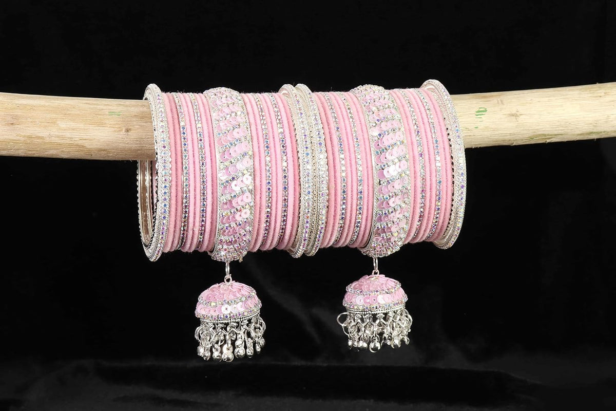 NMII Traditional Metal with Zircon Stone & Bells Jhumka Latkan Bangles For Women & Girls | Stylish Bangles Set with Latkan For Wedding | Women's Bangles | Chuda Set For Bridal- Set of 38