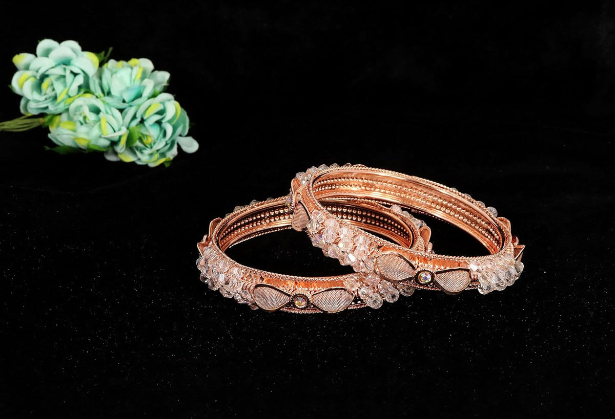 NMII Rose Gold Plated Metal with Stylish Pearls & Zircon Diamond Bangles Kada Set For Women & Girls | Kada For Women Fancy | Elegant Bangles For Wedding, Party, Occasion, Festive- Set of 2