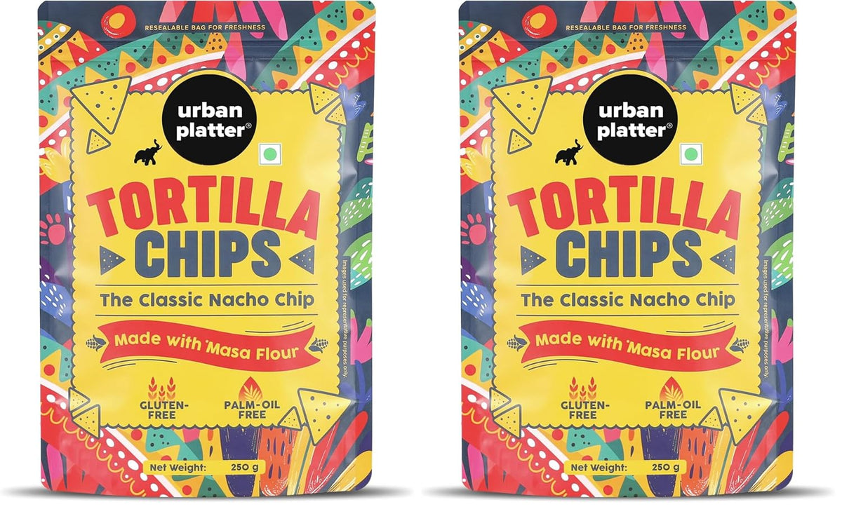Urban Platter Tortilla Chips, 250g (Made with Masa Flour | Palm Oil Free | Gluten Free | Lightly Salted Nacho Chips) (Pack of 2)