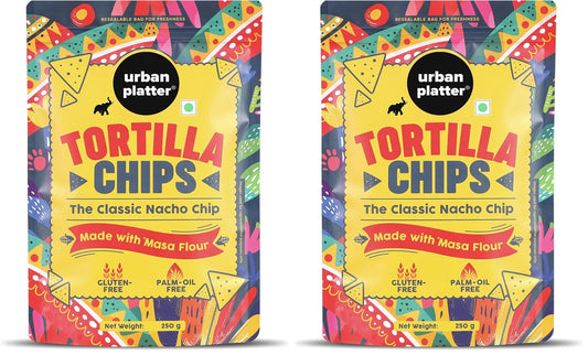 Urban Platter Tortilla Chips, 250g (Made with Masa Flour | Palm Oil Free | Gluten Free | Lightly Salted Nacho Chips) (Pack of 2)