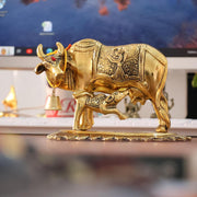 KridayKraft Metal Om Kamdhenu Cow and Calf Metal Statue for Good Luck,Feng Shui As Table Top Figurine,Vastu,Religious Gau MATA Idol Home,Office&Table Decorative,Animal