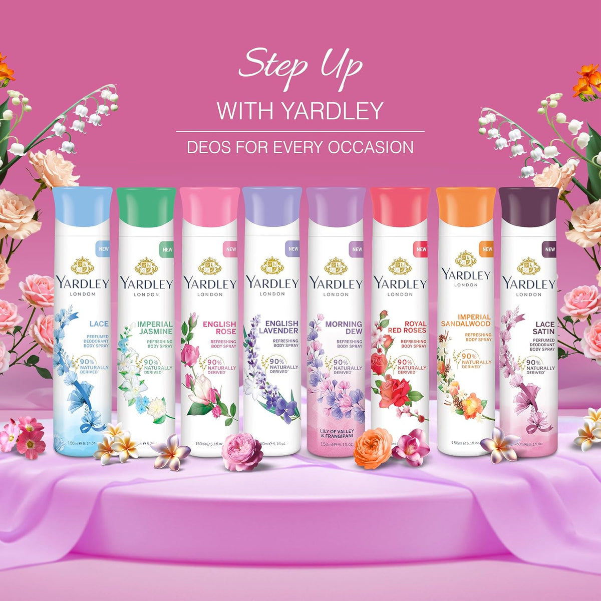 Yardley London Lace Satin Perfumed Deodorant Body Spray| Fresh Floral Scent| 90% Naturally Derived| Deo Spray| Body Deodorant for Women| 150ml