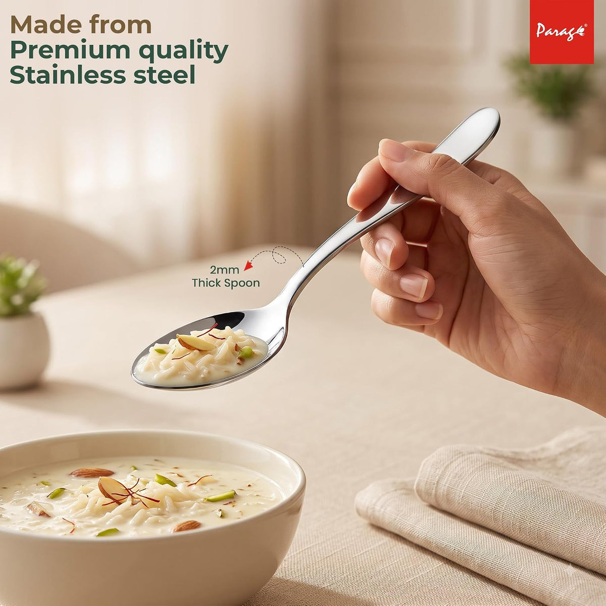 Parage Tiara Stainless Steel Dinner Spoon Set of 6, Length 16cm Tableware with 2mm Thickness Spoons, Mirror Finish for Home Kitchen Dining